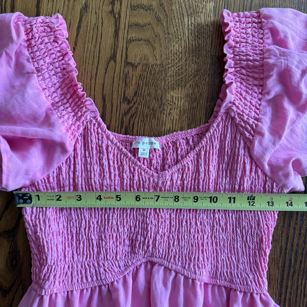 Pink linen v neck long Dress w/ sleeves Medium ptp 14” 50” length prarie boho - Picture 4 of 7